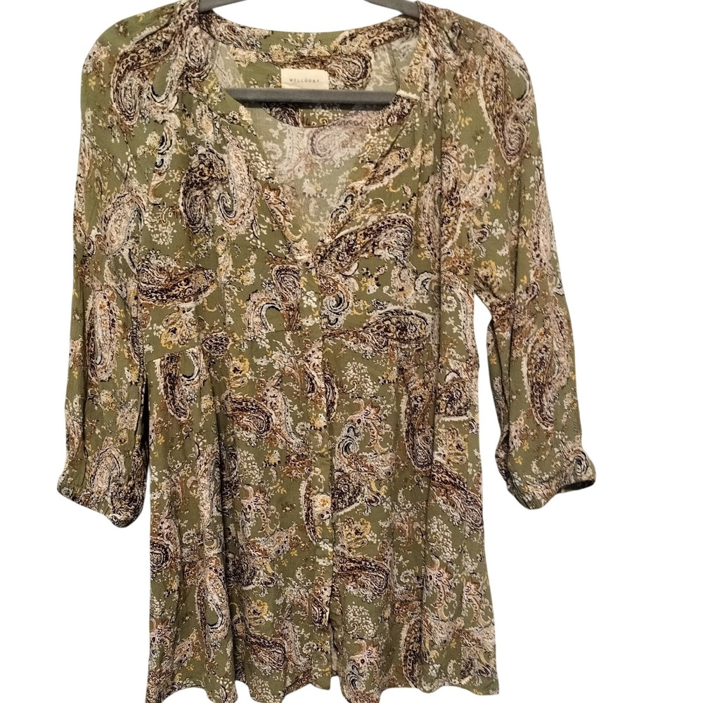 MELLODAY Paisley Print Button Front 3/4 Sleeve Tunic Top Women's Size M‎